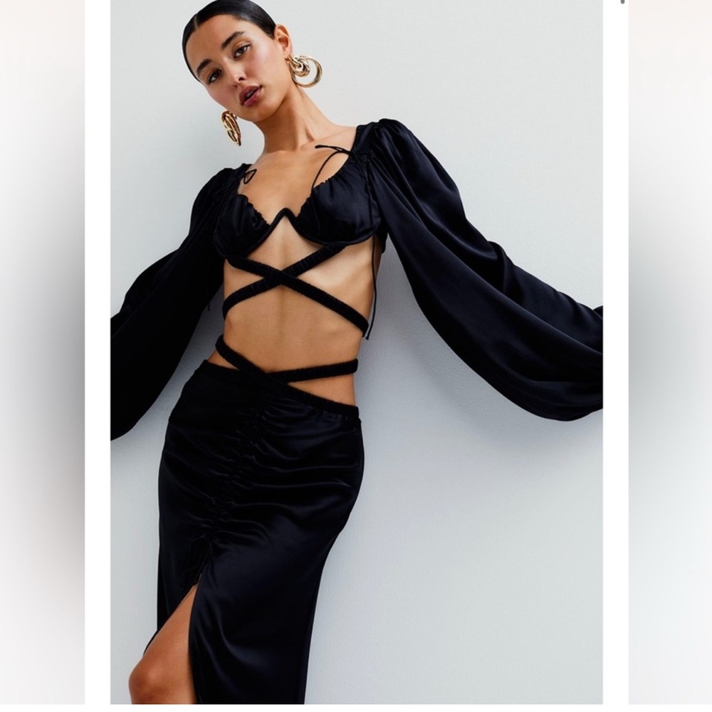 For Love & Lemons Black Satin Long-Sleeve Wrap Crop Top